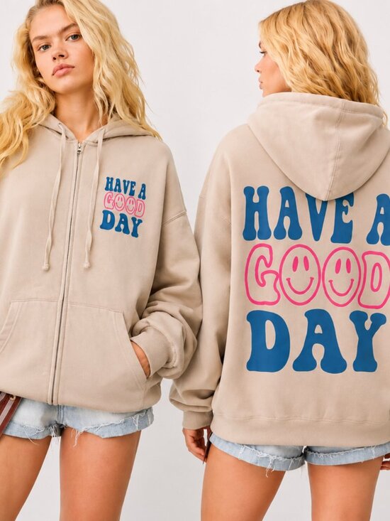 VINTAGE Tops - VINTAGE BRAND HAVE A GOOD DAY OVERSIZED ZIP HOODIE
